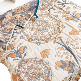 MEJU Mandala Flower Boho Muslin All Season Throw Blanket for Bed Sofa Couch, 100% Cotton 4 Layer Soft Warm Farmhouse Retro Throw Blanket Bed Coverlet Full Queen 80 in x 90 in