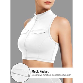 YEOREO CoreFlex Women Cargo Tank Top Summer Full Zip Workout Racerback Mock Pocket Fitted Sleeveless Fitness Gym Vest White-XL