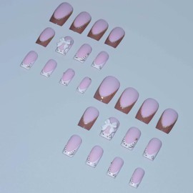 Medium Press on Nails Square Fake Nails Brown French Tip False Nails with 3D Bow Designs Stick on Nails Glossy Cute Glue on Nails for Women24cps