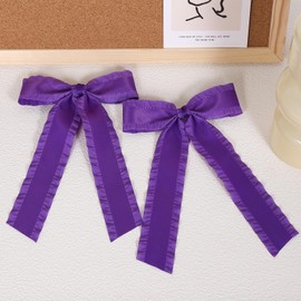 5.5" Long Tail Dark Purple Ribbon Hair Bows Clip for Women Girls,Solid Satin Plum Ruffle Ribbon Hair Pins Barrettes, Mardi Gras Costume Decor Accessory Easter Gift