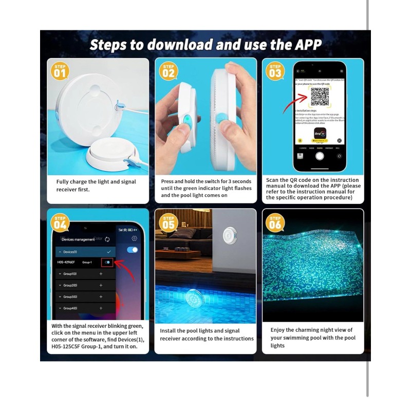 Homly Rechargeable Submersible Pool Lights with Wireless APP Control Waterpro...