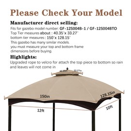 SCOCANOPY Light Beige Replacement Top for Lowe's Allen Roth 10X12 Gazebo Model #GF-12S004B-1/#GF-12S004BTO/#TPGAZ17-002C