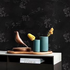 Abyssaly Black Floral Peel and Stick Wallpaper, Gothic Floral Embossed Textured Wallpaper for Bathroom, Self Adhesive Removable Friendly Wallpaper Cabinets Contact Paper 15.7in X 118in
