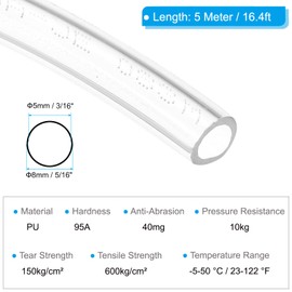 PATIKIL Pneumatic Tubing 5/16 OD 16.4ft, 8mm OD 5mm ID PU Air Line Pipe Tube for Air Compressor Fitting or Fluid Transfer,Clear