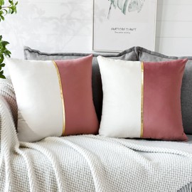 Artscope Jam White Velvet Cushion Covers with Gold Leather Patchwork Luxury Modern Minimalist Square Pillowcase Throw Pillow Covers for Living Room Bed Couch Sofa 45x45cm Set of 2