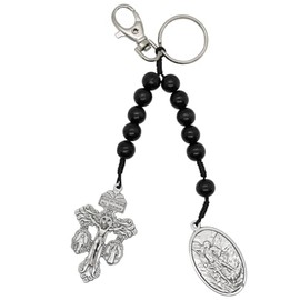 Pardon Indulgence Crucifix with Saint Michael Medal Keychain | Black Wooden Beads | Includes Claw Clip and Keyring | Add to Keys, Backpack, or Zipper | Great Catholic Gift, Black, Medium