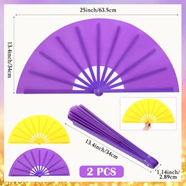 Maitys 2 Packs Large Clap Fans for Line Dancing Large Chinese Folding Hand Fans for Men and Women, Festival, Tai Ji, Kungfu, Martial Art, Gifts (Purple and Yellow)