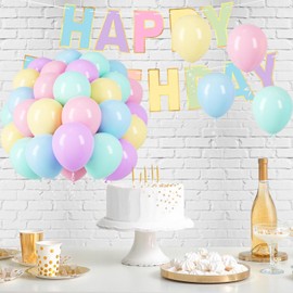 50pcs 12 Inches pastel balloons Assorted Color Macaron Balloons Balloons With Happy Birthday Banner And Ribbons For Kid’s Birthday Party Birthday, Baby Shower, Unicorn Party Decorations