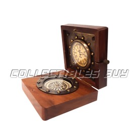 New Nautical Ship Compass Wooden Box Compass & Watch Vintage Gift (Square)