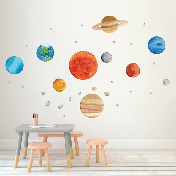 Finduat Space Planet Wall Stickers Decals, Removable Solar System Watercolor Space Vinyl Wall Stickers for Kids Nursery Bedroom Living Room