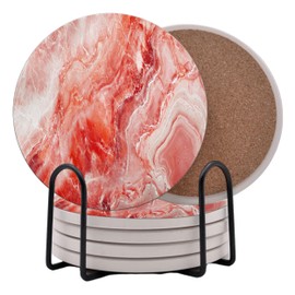 Red Marble Round Coasters Set of 6 - Abosrbent Ceramic Coasters with Metal Stand for Drinks, Coffee, Non-Slip Cork Back for Tabletop Protection, 4 Inches Marbled Pattern (Red)