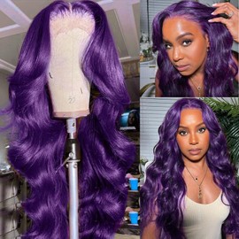 YMS Purple Human Hair Wigs for Women 180% Density 13x4 Lace Front Wigs Human Hair Pre Plucked Colored Glueless Wigs Human Hair Body Wave Royal Pueple Human Hair Lace Frontal Wigs 16 Inch