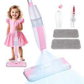 Lullulii Kids Spray Mop,Fun & Functional Toddler Cleaning Set,Real Working Mop for Floors,Pretend Play – Includes Spray Bottle, 2 Washable Microfiber Pads, Montessori Kids Cleaning Toy Set -Pink