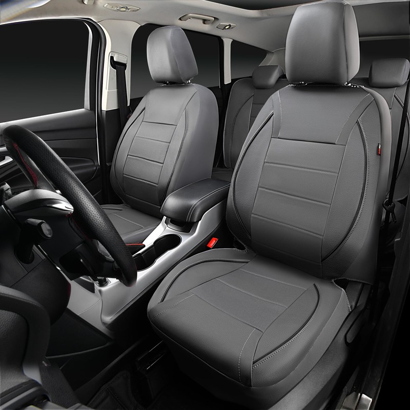 CAR PASS Piping Faux Leather Car Seat Cover Full Set,Grey