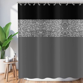 ASDCXZ Glitter Shower Curtain 180 x 180 cm, Modern Black Grey Glitter Silver Splicing Waterproof Textile Bathroom Shower Curtains Washable Polyester Fabric Shower Curtain for Bath with 12 Shower