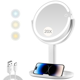 MIYADIVA Espejo de maquillaje con luces, espejo de aumento 20X con luz e interruptor táctil, espejo de cambiador con luz de 3 colores y 80 LED, espejo de computadora de 2 lados con luz de 8.8 pulgadas