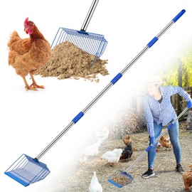 Large Chicken Poop Scooper, Heavy Duty Chicken Coop Scoop for Sand, 35" to 64" Adjustable Stainless Steel Handle, Multifunctional Sifting Shovel for Chicken Coop/Goat Stall/Stable Cleaning