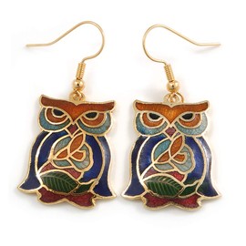 Multicoloured Enamel Owl Drop Earrings In Gold Tone Metal - 45mm Long