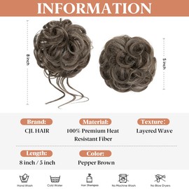 CJL HAIR 2PCS Messy Bun Hair Pieces Wavy Curly Synthetic Updo Chignon Fake Scrunchies Ponytail Extension for Women Pepper Brown