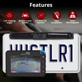 Whistler Backup Camera, 4.3" LCD Monitor, IP65 Weather Resistant, Solar Charging, No Hardwire, 110° Wide Rear View with LED Lights, Backup Assist Grid Lines