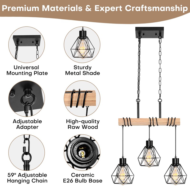 Farmhouse Dining Room Pendant Light Fixture Over Table, 3-Light Rustic
