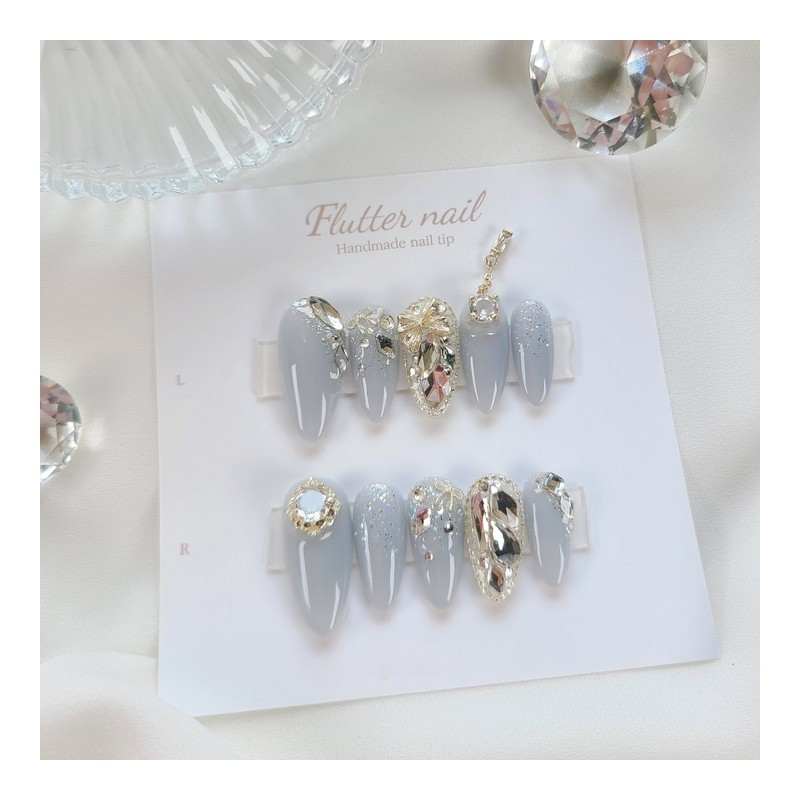 Silver Snow Dropstone Handmade Nail Tips❄ - Long Square /