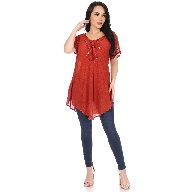 Sakkas Ellie Sequin Embroidered Cap Sleeve Round Neck Relaxed Fit