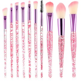 Wanmu 10 Pcs Glitter Crystal Makeup Brush Set, Professional Essential Face Cosmetics Blending Brushes Kit for Women Girls, Liquid Foundation Powder Concealer Eye Shadows Eye Shadow Eyeliner Lip