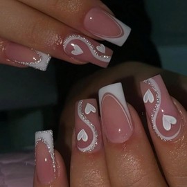 French Tip Press on Nails Medium Length Heart Fake Nails Full Cover Square False Nails with Glitter White Wave Hearts Designs Valentine's Day Glue on Nails Glossy White Tips Acrylic Nails for Women