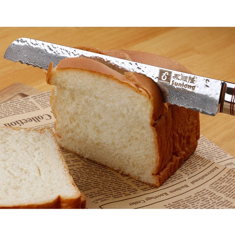 Sunlong Bread Knife 8 inch Sandwich Slicer Japanese Hammered Damascus
