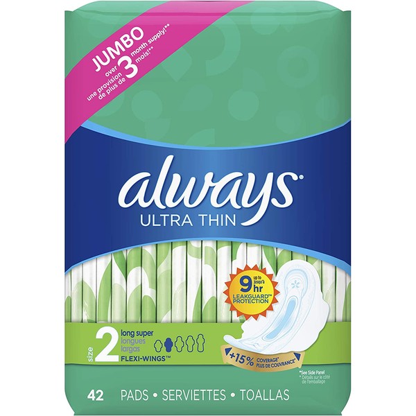 Always Ultra Thin Feminine Pads with Wings for Women, Size 2, 126 Count, Super Absorbency, Unscented (42 Count, Pack of 3 - 126 Count Total)