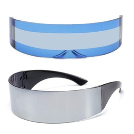 2 Pack Futuristic Cyclops Monoblock Shield Mirrored Sunglasses (2 Pack, BlusilSil)