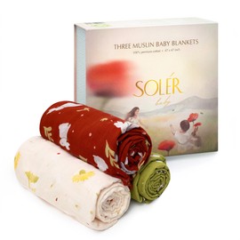 SOLÉR Three Muslin Swaddle Blankets (3 Pack), 47 x 47 inch, Organic Cotton, Large Soft Breathable Swaddle Blanket, Receiving Blankets, Nursing Cover, Changing Pad, Presentation Box