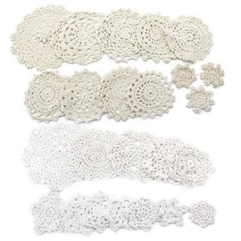 Jiozermi 24 Pcs Hand Crochet Lace Doilies, Handmade Vintage Round Lace Doilies Placemats Snowflake Mini Doilies for Table Decoration, Varied Sizes (12 White & 12 Beige) - A Type