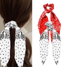 White Bandana Knotted Bow Hair Scarf Scrunchies for Girls Ribbon Bow Hair Ties Paisley Bow Scrunchies with Long Ribbons Red Bowknot Hair Ropes Elastic Bands Ponytail Holders Accessories for Women 2PCS