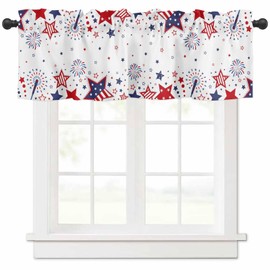 CosyBright Red Blue Stars Firework Window Valance 4th of July Window Treatment American Patriotic Rod Pocket Curtain Valance,60x18 inch Independence Day Memorial Day Kitchen Valance for Bathroom Cafe