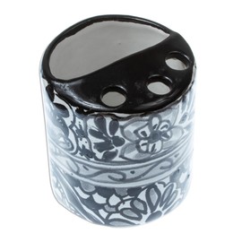 Novica Handmade Monochrome Flowers Ceramic Toothbrush Holder