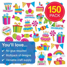 Baker Ross FN095 Birthday Foam Stickers - Pack of 150, Stickers for Kids Arts and Crafts
