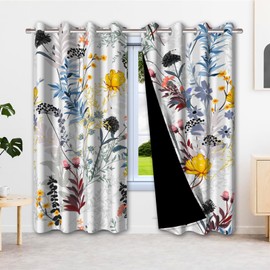 Renaiss Botanical Plants Blackout Curtains, Wild Flowers Plants Print Thermal Insulated Bedroom Window Curtains, Boho Floral Window Drapes for Living Room, 84" L x 53" W 2 Panel Set
