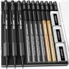 Four Candies 1.3mm Mechanical Pencil Set with 72 Lead Refill, 3PCS Metal Weatherproof Body Heavy Duty Carpenter Pencil, 3 Eraser, 16 Eraser Refill, for Outdoor Woodworking Drafting Marking with Case