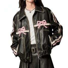 YELLOOP Bow Jacket Leather Jacket Faux Leather Jacket Women Vintage Leather Jacket Y2k (Pink,L)