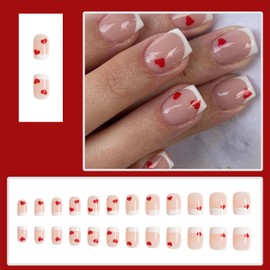 Romantic Valentine's Day Press on nails Short Square Fake Nails French Red Heart Design False Nails Pure Glue on Nails Full Cover Reusable Stick on Nails Acrylic Nails for Women 24Pcs