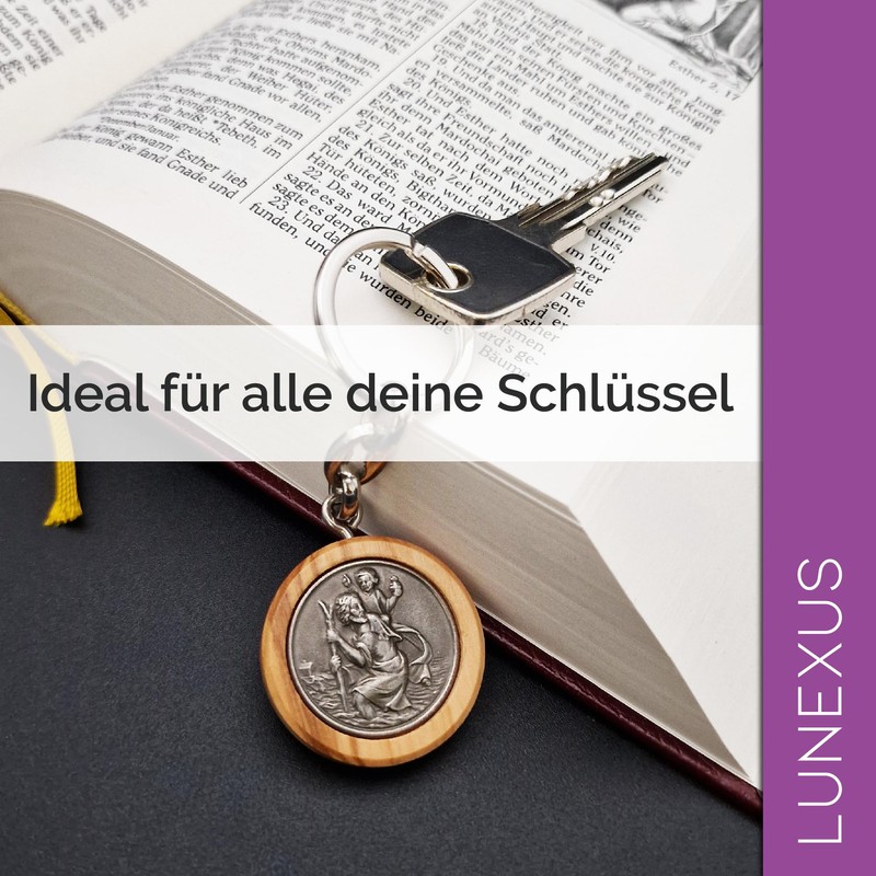 Lunexus Christopher Keyring – Olive Tree Wood & Metal Embossing