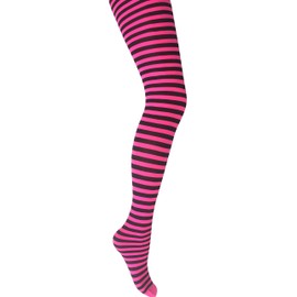 Mysasi Children's Striped Tights Size. 9-11 years. Black and Neon Pink.