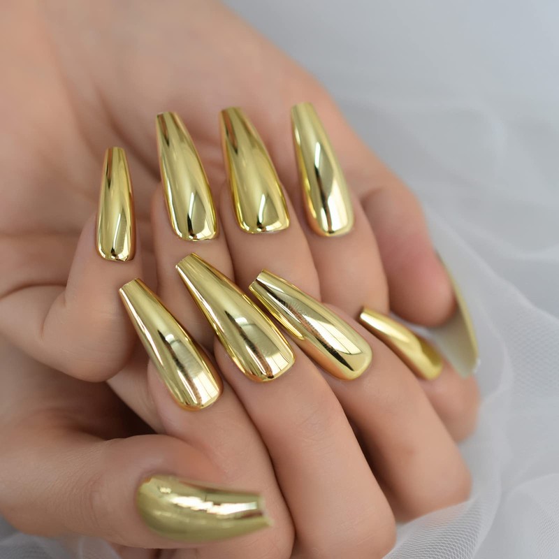 Coffin Medium Uv Gel Reusable Fingernails Glossy Soild Color Golden