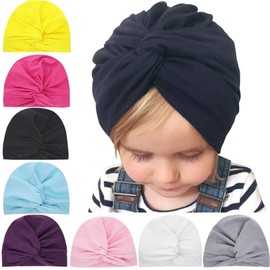 Skepo Set of 8 Baby Hats for Newborns, Cotton, Elastic Stretch Turban, Toddler Headbands, Baby Girls’ Knot Headband Hospital Hat