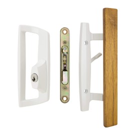 Bali NAI Patio Door Handle and Mortise Lock Set with Oak Wood Pull in White Finish, Includes Key Cylinder, Standard 3-15/16” CTC Screw Holes, 1-1/2" Door Thickness- for Right Hand Doors