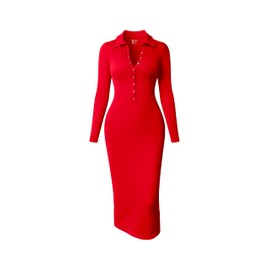 OQQ Women's Long Sleeve Maxi Dress Ribbed Back Slit Button Down Bodycon Soft Going Out Elegant Party Dresses Red