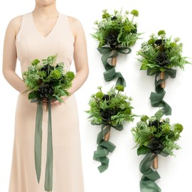 Ling's Moment Artificial Flowers Forest Green Bridesmaid Bouquet Set of 4, Green Wedding Flowers Bouquets for Bridesmaids, 7 Inch Bridal Bouquets for Bridesmaids, Wedding, etc