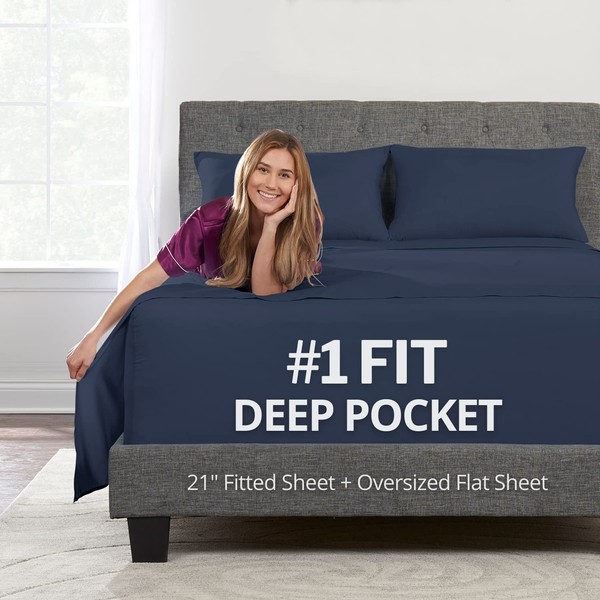 Extra Deep Pocket Full Bed-Sheets – 4-Piece Includes: 18”-21” Inch Super Extra Deep Pocket Fitted Sheet – Real Oversize Flat Sheet – 2 Zipper Closure Pillowcases – Full Size – Navy Dark Blue